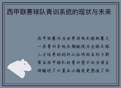 西甲联赛球队青训系统的现状与未来