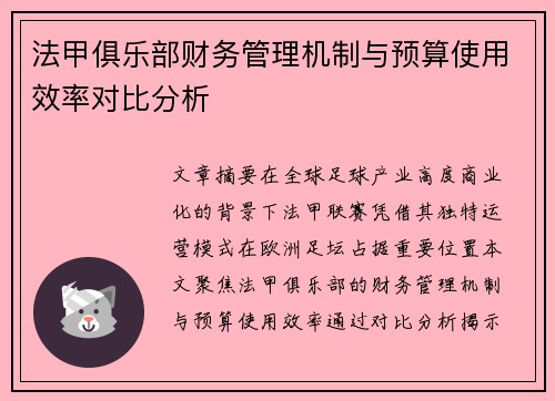 法甲俱乐部财务管理机制与预算使用效率对比分析