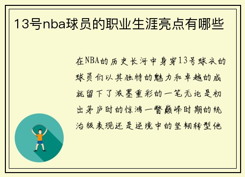 13号nba球员的职业生涯亮点有哪些